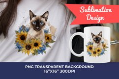 Siamese Cat and Sunflowers Watercolor PNG for Sublimation Product Image 1