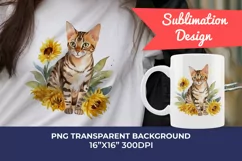 Bengal Cat and Sunflowers Watercolor Clipart PNG Sublimation Product Image 1