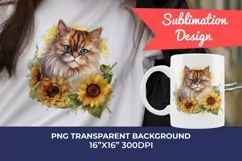 Persian Cat and Sunflowers Watercolor PNG for Sublimation Product Image 1