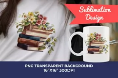 Vintage Books and Flowers Watercolor PNG for Sublimation Product Image 1