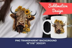 Highland Cow with Sunflowers Watercolor PNG for Sublimation Product Image 1