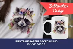 Cute Raccoon with Flowers Watercolor PNG for Sublimation Product Image 1
