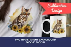 Bengal Cat and Sunflowers Watercolor Clipart PNG Sublimation Product Image 1