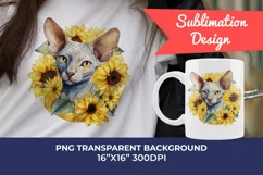 Sphynx Cat and Sunflowers Watercolor PNG for Sublimation Product Image 1