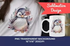 Cute Penguin and Flowers Watercolor PNG for Sublimation Product Image 1