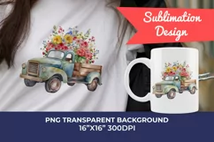 Vintage Truck and Spring Flowers Watercolor PNG Sublimation Product Image 1