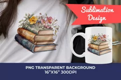 Vintage Books and Flowers Watercolor PNG for Sublimation Product Image 1