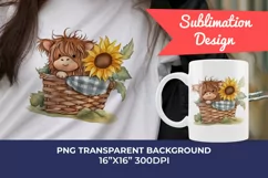 Cute Baby Highland Cow and Sunflowers Watercolor Sublimation Product Image 1