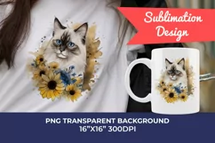 Ragdoll Cat and Sunflowers Watercolor PNG for Sublimation Product Image 1