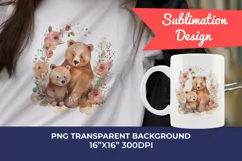 Watercolor Mother and Baby Bear PNG for Sublimation Product Image 1