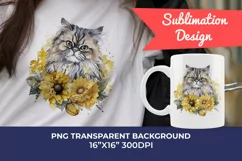 Persian Cat and Sunflowers Watercolor PNG for Sublimation Product Image 1