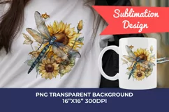 Watercolor Dragonfly and Sunflowers PNG for Sublimation Product Image 1