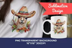 Cute Llama Wearing Sombrero Watercolor PNG for Sublimation Product Image 1