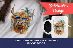 Summer Vibes Highland Cow Watercolor PNG for Sublimation Product Image 1