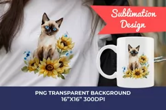 Siamese Cat and Sunflowers Watercolor PNG for Sublimation Product Image 1