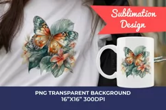 Watercolor Butterflies with Tropical Flowers PNG Sublimation Product Image 1