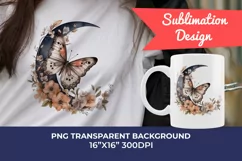 Moon Butterfly and Flowers Watercolor PNG for Sublimation Product Image 1