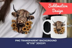 Highland Cow with Sunflowers Watercolor PNG for Sublimation Product Image 1