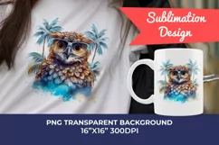 Summer Vibes Owl Watercolor PNG Clipart for Sublimation Product Image 1