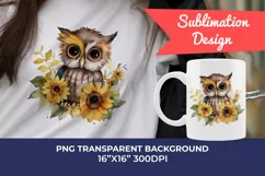 Cute Baby Owl and Sunflowers Watercolor PNG for Sublimation Product Image 1