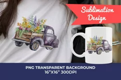 Vintage Truck and Spring Flowers Watercolor PNG Sublimation Product Image 1
