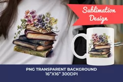 Vintage Books and Flowers Watercolor PNG for Sublimation Product Image 1