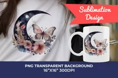 Moon Butterfly and Flowers Watercolor PNG for Sublimation Product Image 1