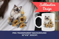 Ragdoll Cat and Sunflowers Watercolor PNG for Sublimation Product Image 1