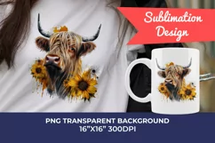 Highland Cow with Sunflowers Watercolor PNG for Sublimation Product Image 1