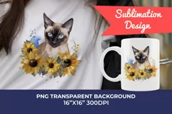Siamese Cat and Sunflowers Watercolor PNG for Sublimation Product Image 1