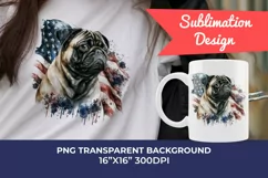 Patriotic Pug Dog Breed Watercolor Clip Art, PNG Sublimation Product Image 1