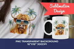 Summer Vibes Highland Cow Watercolor PNG for Sublimation Product Image 1