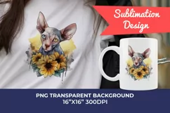 Sphynx Cat and Sunflowers Watercolor PNG for Sublimation Product Image 1