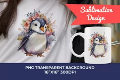 Cute Penguin and Flowers Watercolor PNG for Sublimation Product Image 1