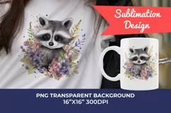 Cute Raccoon with Flowers Watercolor PNG for Sublimation Product Image 1