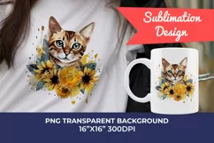 Bengal Cat and Sunflowers Watercolor Clipart PNG Sublimation Product Image 1