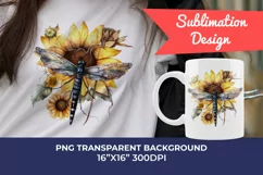 Watercolor Dragonfly and Sunflowers PNG for Sublimation Product Image 1