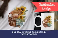 Cute Baby Highland Cow and Sunflowers Watercolor Sublimation Product Image 1