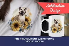 Siamese Cat and Sunflowers Watercolor PNG for Sublimation Product Image 1
