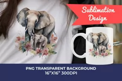 Watercolor Mother and Baby Elephant PNG for Sublimation Product Image 1