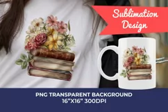 Vintage Books and Flowers Watercolor PNG for Sublimation Product Image 1