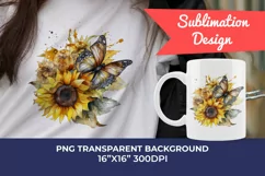 Watercolor Butterfly and Sunflowers PNG for Sublimation Product Image 1