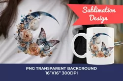 Moon Butterfly and Flowers Watercolor PNG for Sublimation Product Image 1