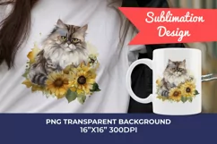 Persian Cat and Sunflowers Watercolor PNG for Sublimation Product Image 1