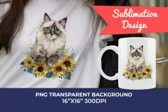 Ragdoll Cat and Sunflowers Watercolor PNG for Sublimation Product Image 1