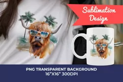 Summer Vibes Highland Cow Watercolor PNG for Sublimation Product Image 1