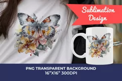 Watercolor Butterflies with Tropical Flowers PNG Sublimation Product Image 1