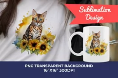 Bengal Cat and Sunflowers Watercolor Clipart PNG Sublimation Product Image 1