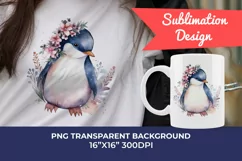 Cute Penguin and Flowers Watercolor PNG for Sublimation Product Image 1