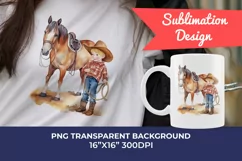 Little Cowboy and His Horse Watercolor PNG for Sublimation Product Image 1